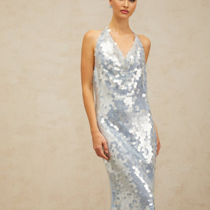 Clarissa Blue Sequin Cowl Neck Midi Dress with Backless Design and Self-Tie Detail