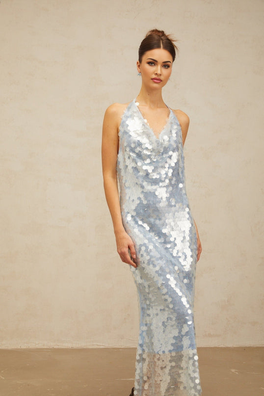 Clarissa Blue Sequin Cowl Neck Midi Dress with Backless Design and Self-Tie Detail