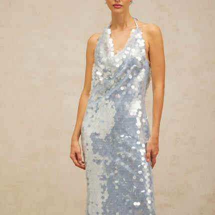 Clarissa Blue Sequin Embellished Cowl Neck Midi Dress