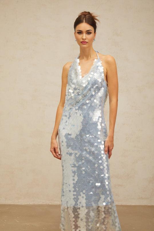 Clarissa Blue Sequin Embellished Cowl Neck Midi Dress