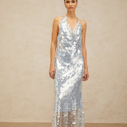 Clarissa Blue Sequin Midi Dress with Cowl Neck and Backless Design