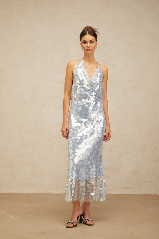 Clarissa Blue Sequin Midi Dress with Cowl Neck and Backless Design
