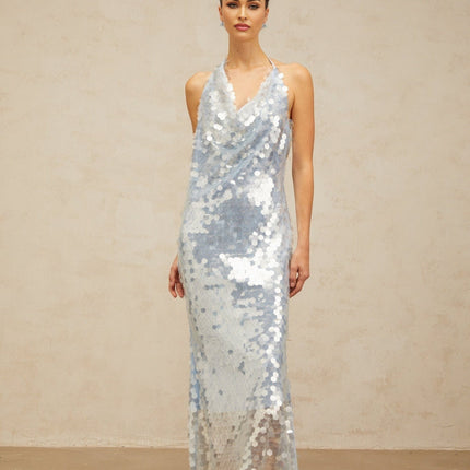 Clarissa Blue Sequin Midi Dress Self-Tie Backless Cowl Neck Sleeveless Elegant Special Occasion Dress