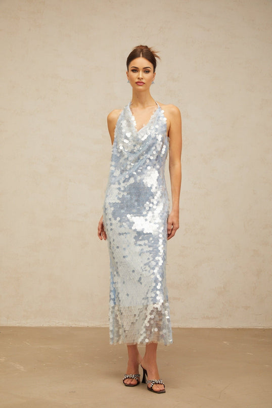 Clarissa Blue Sequin Midi Dress Self-Tie Backless Cowl Neck Sleeveless Elegant Special Occasion Dress