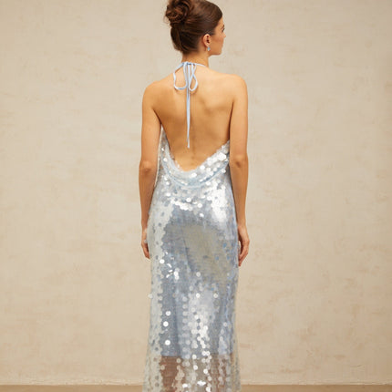 Clarissa Blue Sequin Midi Dress Cowl Neck Backless Self-Tie Detail