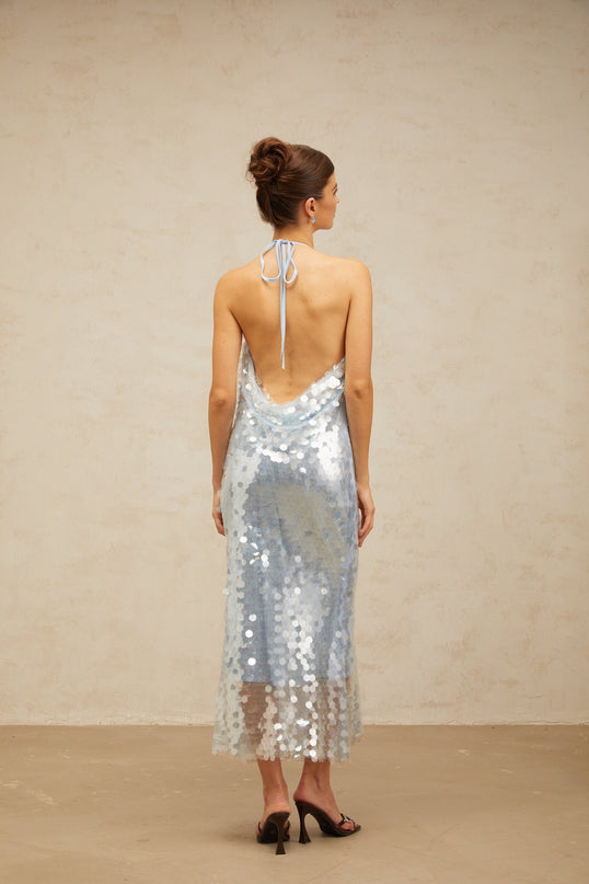 Clarissa Blue Sequin Midi Dress Cowl Neck Backless Self-Tie Detail