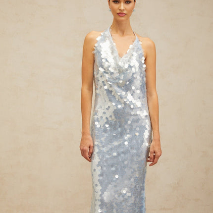 Clarissa Blue Sequin Midi Dress with Cowl Neck and Backless Design