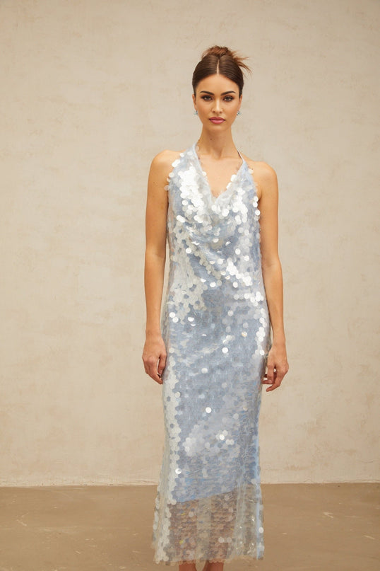 Clarissa Blue Sequin Midi Dress with Cowl Neck and Backless Design