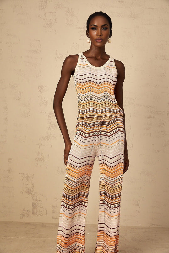 Clarissa Chevron Pattern Neutrals Top Trousers Set