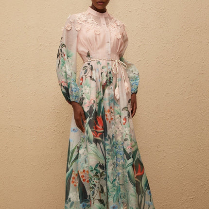 Clarissa Green Floral Print Maxi Dress with 3D-petal detailing and tied waist