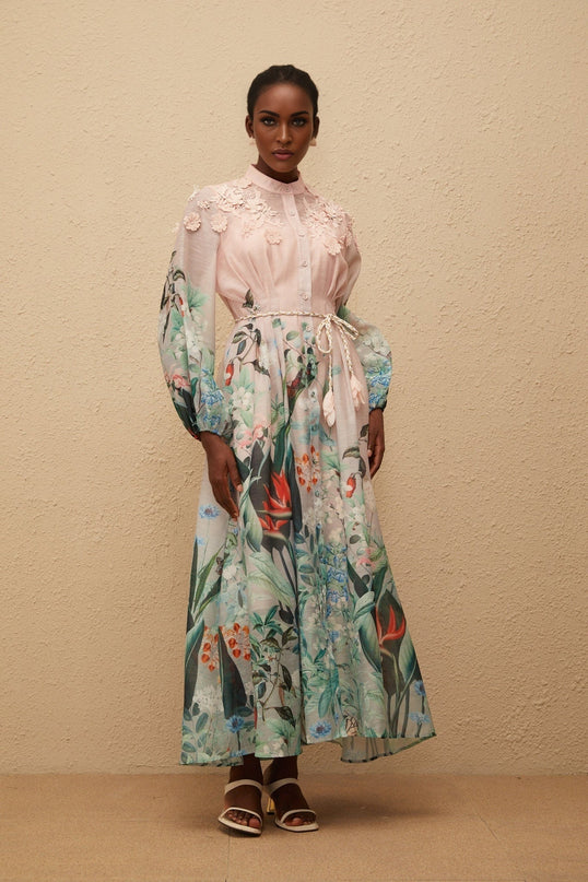 Clarissa Green Floral Print Maxi Dress with 3D-petal detailing and tied waist
