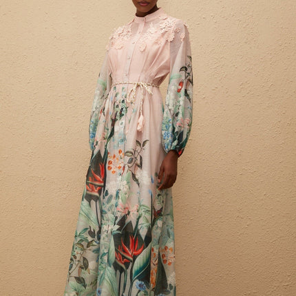 Clarissa Green Floral Print Maxi Dress with 3D-petal detailing and tied waist