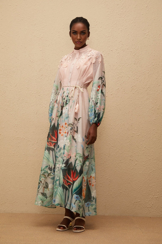 Clarissa Green Floral Print Maxi Dress with 3D-petal detailing and tied waist