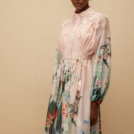 Clarissa Green Floral Print Maxi Dress with 3D Petal Detailing and Tied Waist