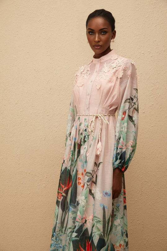 Clarissa Green Floral Print Maxi Dress with 3D Petal Detailing and Tied Waist
