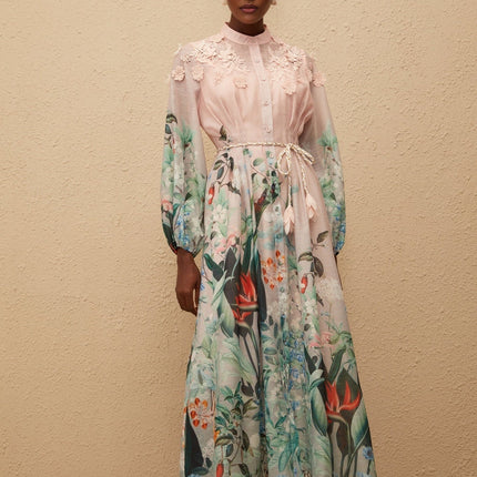 Clarissa Green Floral Print Maxi Dress with 3D-petal detailing and pleated accents
