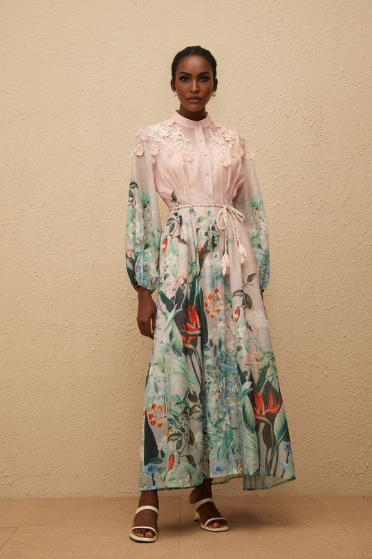 Clarissa Green Floral Print Maxi Dress with 3D-petal detailing and pleated accents