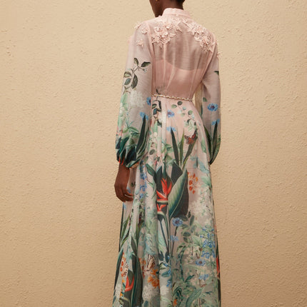 Clarissa Green Floral Print Maxi Dress with 3D-petal detailing and pleated accents