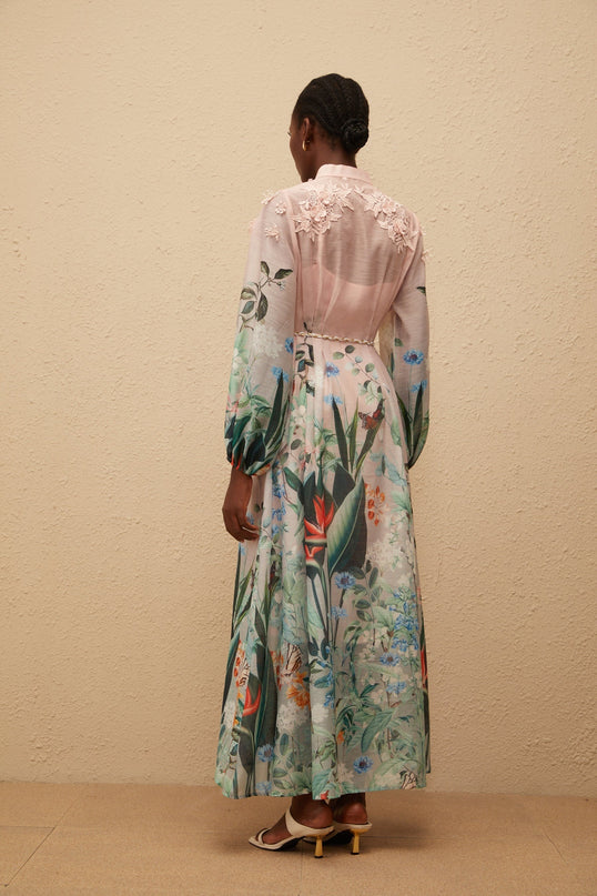 Clarissa Green Floral Print Maxi Dress with 3D-petal detailing and pleated accents