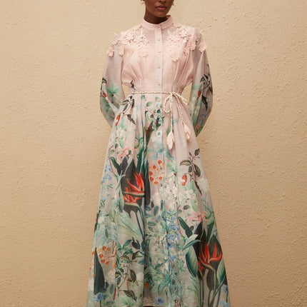 Clarissa Green Floral Print Maxi Dress with 3D-petal detailing and tied waist