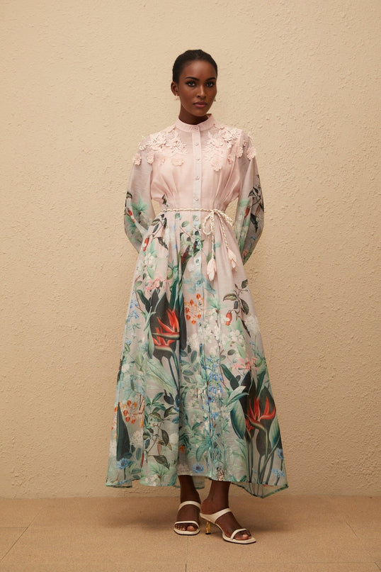 Clarissa Green Floral Print Maxi Dress with 3D-petal detailing and tied waist