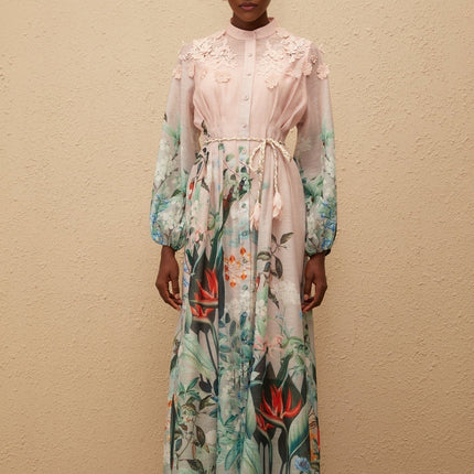 Clarissa Maxi Dress in Green Floral Print with 3D-petal detailing and tied waist