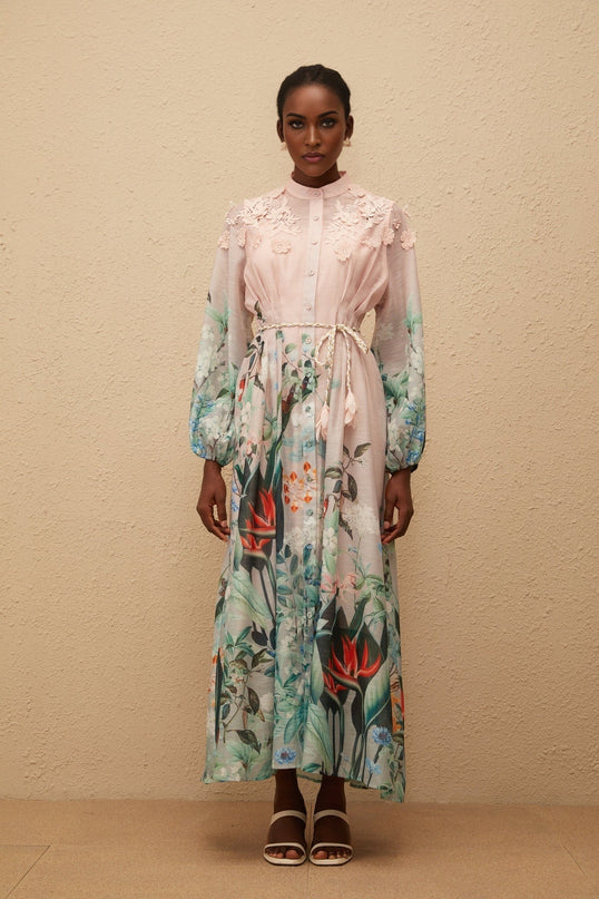 Clarissa Maxi Dress in Green Floral Print with 3D-petal detailing and tied waist