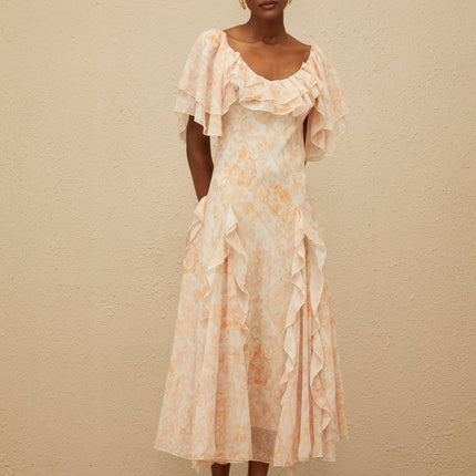 Clarissa Neutrals Floral Ruffle Midi Dress Scoop Neck Batwing Sleeves Terylene Fiber