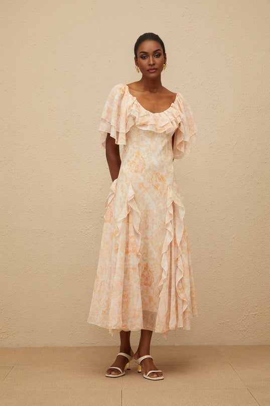 Clarissa Neutrals Floral Ruffle Midi Dress Scoop Neck Batwing Sleeves Terylene Fiber