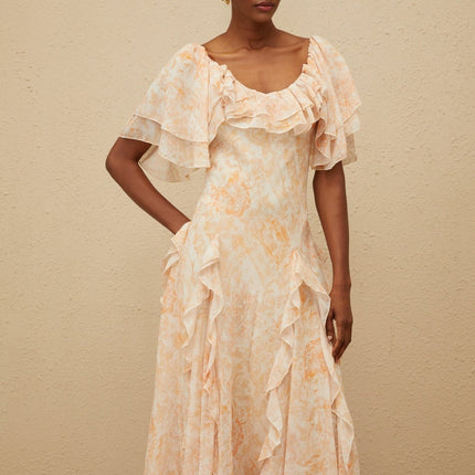 Clarissa Neutrals Floral Print Ruffle Detail Midi Dress Scoop Neck Batwing Sleeves Terylene Fiber Shirred Effect