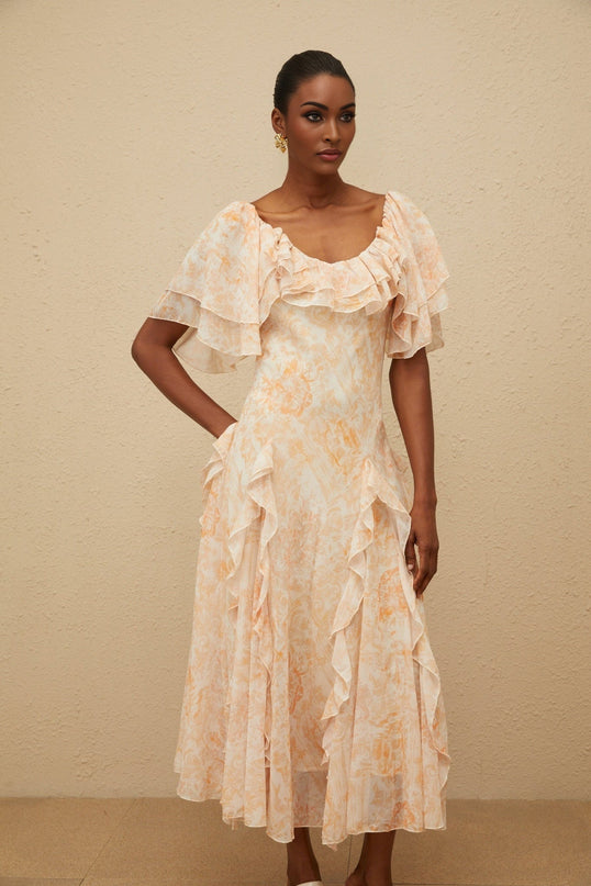 Clarissa Neutrals Floral Print Ruffle Detail Midi Dress Scoop Neck Batwing Sleeves Terylene Fiber Shirred Effect