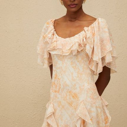 Clarissa Neutrals Floral Ruffle Midi Dress Terylene Fiber Scoop Neck Batwing Sleeves