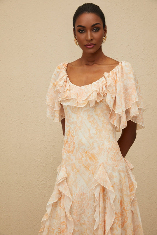 Clarissa Neutrals Floral Ruffle Midi Dress Terylene Fiber Scoop Neck Batwing Sleeves