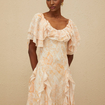 Clarissa Neutrals Floral Ruffle Midi Dress Scoop Neck Batwing Sleeves Terylene Fiber Shirred Effect