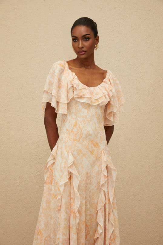 Clarissa Neutrals Floral Ruffle Midi Dress Scoop Neck Batwing Sleeves Terylene Fiber Shirred Effect