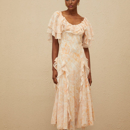 Clarissa Neutrals Floral Print Ruffled Midi Dress with Batwing Sleeves and Shirred Effect