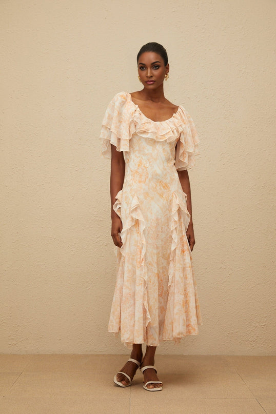 Clarissa Neutrals Floral Print Ruffled Midi Dress with Batwing Sleeves and Shirred Effect
