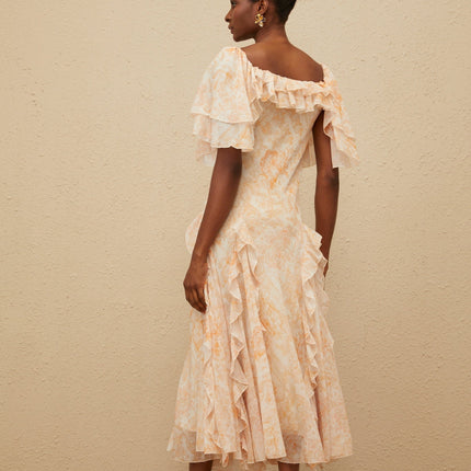 Clarissa Neutrals Floral Print Ruffled Detail Midi Dress Scoop Neck Batwing Sleeves