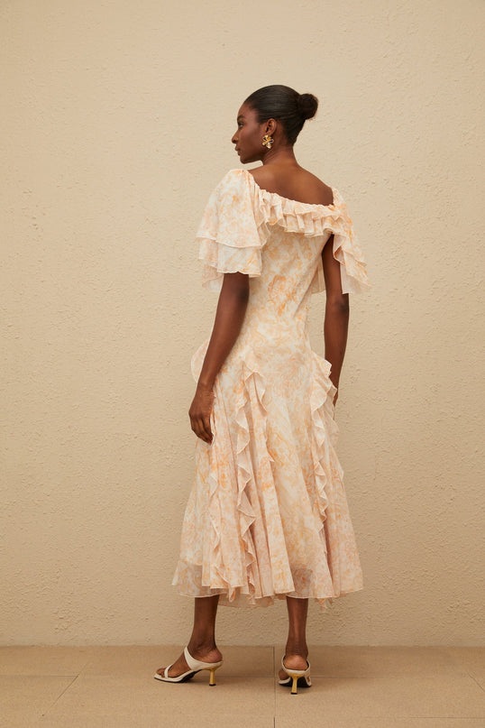 Clarissa Neutrals Floral Print Ruffled Detail Midi Dress Scoop Neck Batwing Sleeves