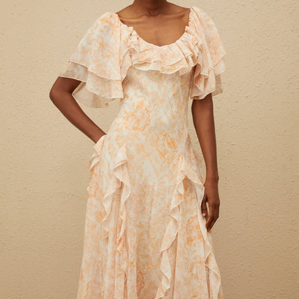 Clarissa Neutrals Floral Ruffled Midi Dress with Batwing Sleeves