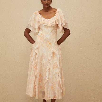 Clarissa Neutrals Floral Ruffled Midi Dress with Batwing Sleeves and Shirred Effect