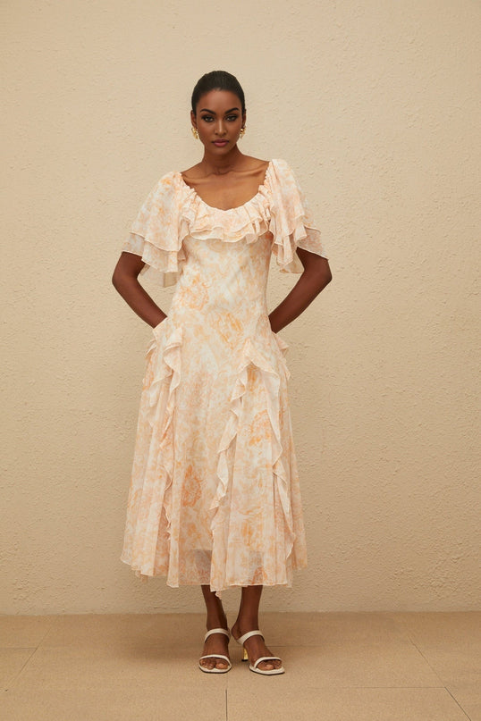Clarissa Neutrals Floral Ruffled Midi Dress with Batwing Sleeves and Shirred Effect