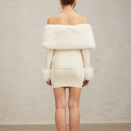 Clarissa Off White Knit Bow Embellished Skirt and Top Set