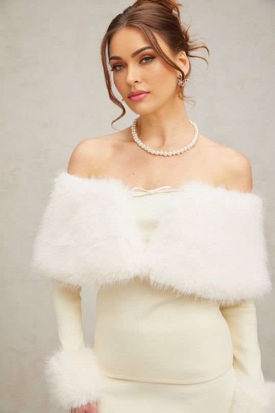 Clarissa Off White Knit Bow Embellished Skirt Top Set