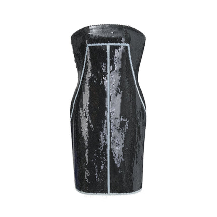 Clarissa Sequin Mini Dress in Black off-the-shoulder corset-style silhouette thigh-length straight hemline 78% Polyamide 22% Elastane luxury elegance opulent sophistication