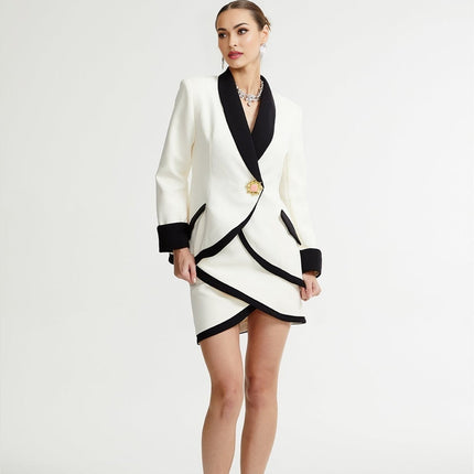 Clarissa White Jacket and Skirt Set in Cotton Blend with Asymmetric Design and Panelled Finish
