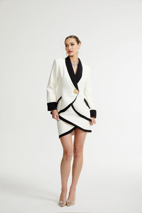 Clarissa White Jacket and Skirt Set in Cotton Blend with Asymmetric Design and Panelled Finish