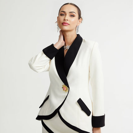 Clarissa White Jacket Skirt Set Elegant Asymmetric Design Front Pockets Contrast Colors Panelled Finish Luxurious Blend Cotton Polyester Spandex Fashion Sophistication