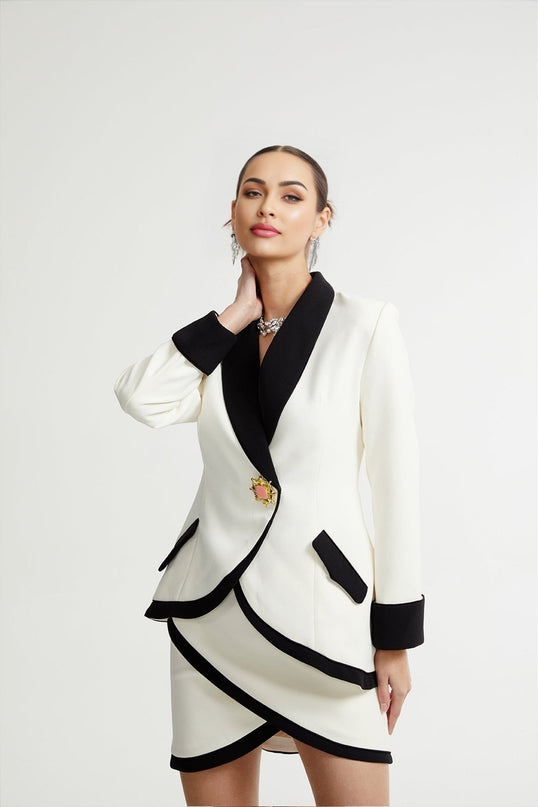 Clarissa White Jacket Skirt Set Elegant Asymmetric Design Front Pockets Contrast Colors Panelled Finish Luxurious Blend Cotton Polyester Spandex Fashion Sophistication