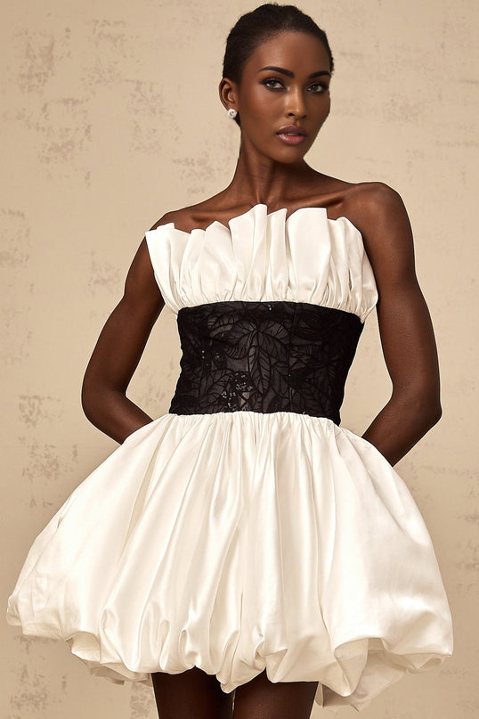 Clarissa White Lace Off Shoulder Satin Ruffle Mini Dress